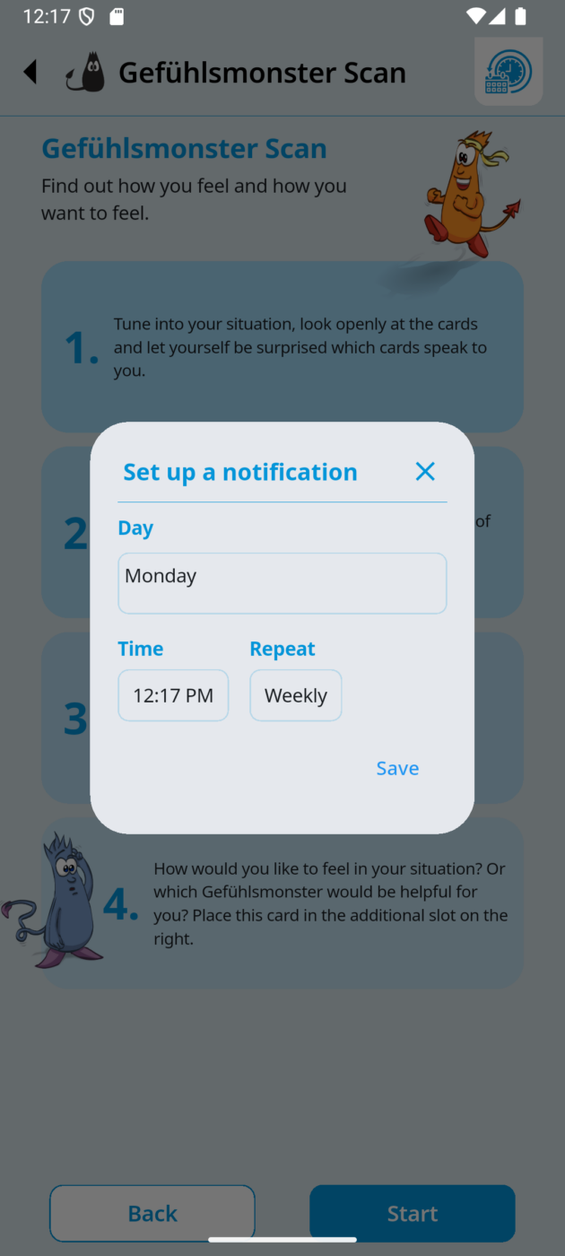 Screenshot of the reminder function in the Gefühlsmonster Toolbox app
