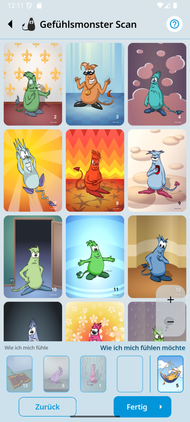 Screenshot der Gefühlsmonster Toolbox App, der den Gefühlsmonster Scan zeigt