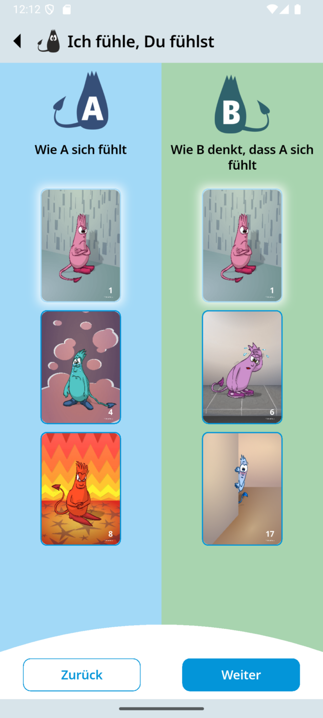 Screenshot der Gefühlsmonster Toolbox App, der das Tool "Ich fühle, Du fühlst" zeigt