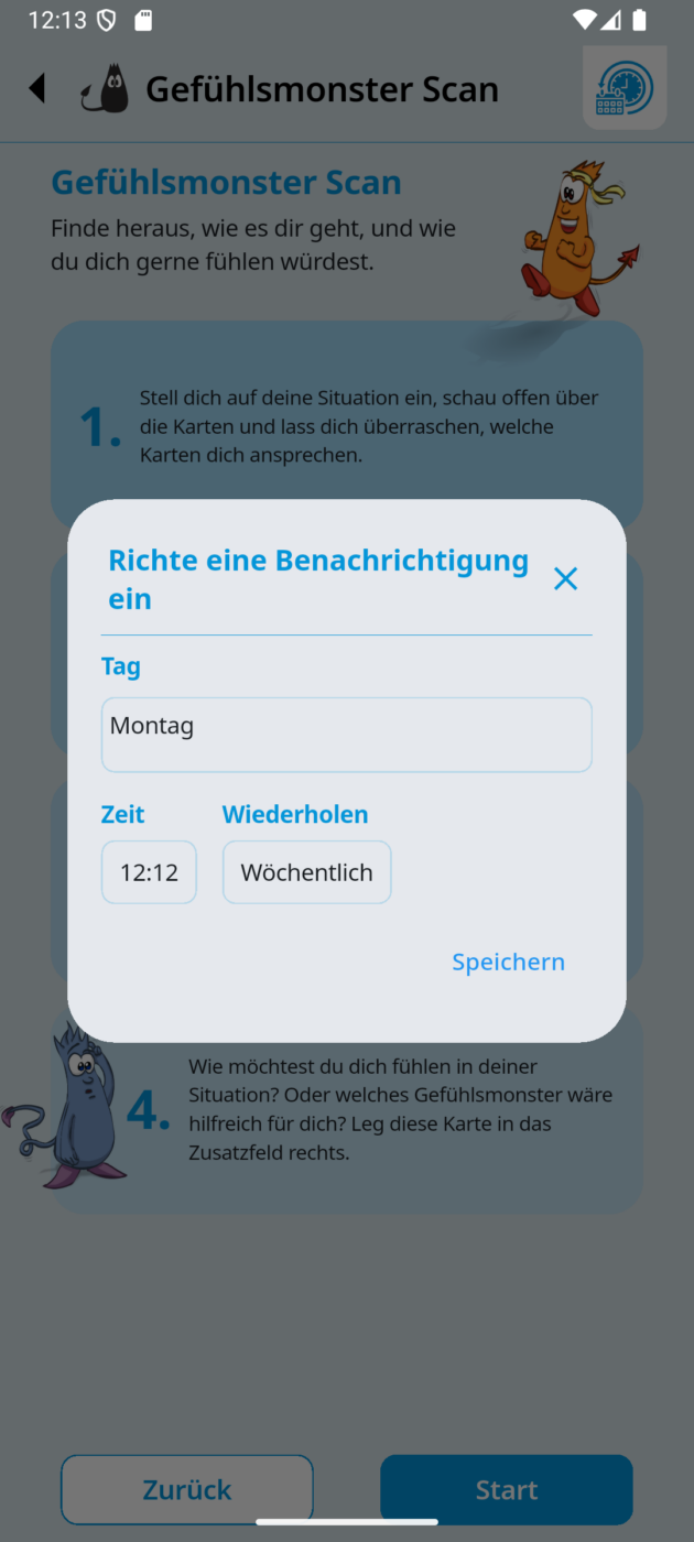 Screenshot der Gefühlsmonster Toolbox App, der die Erinnerungsfunktion zeigt